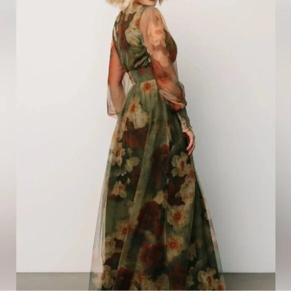 Baltic Born Green Layla Long Sleeve Tulle Maxi Dress V Neck Fall Floral 1XL - Picture 5 of 15